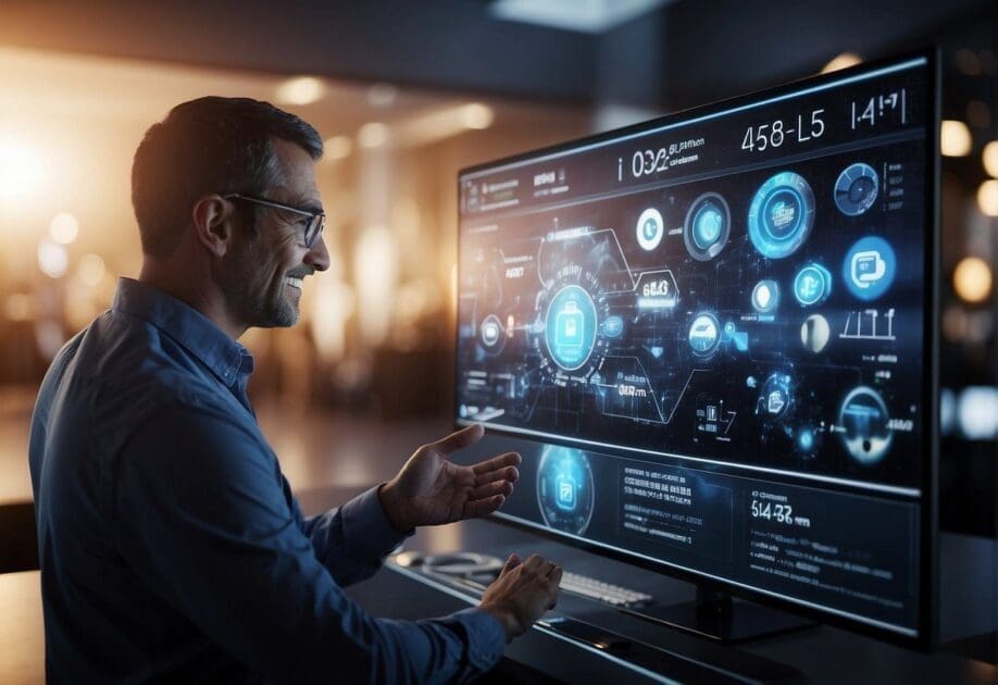 A computer screen displaying a customer journey map with various touchpoints and interactions, surrounded by digital devices and data visualizations