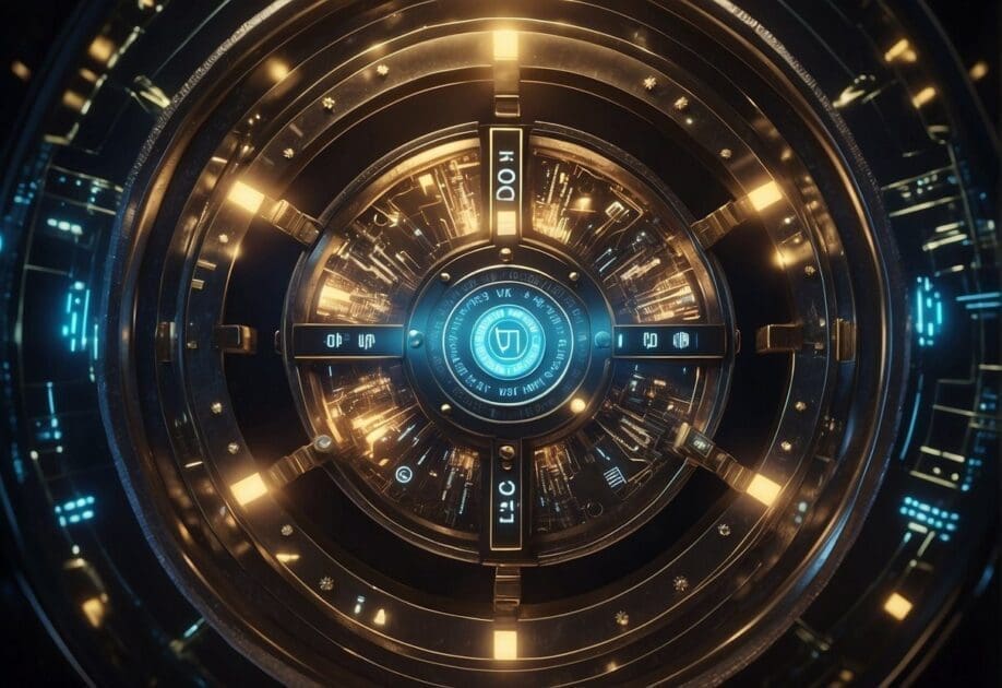 A locked vault with glowing digital security symbols, surrounded by a force field, representing the silent threat of cyber attacks on a company's data security