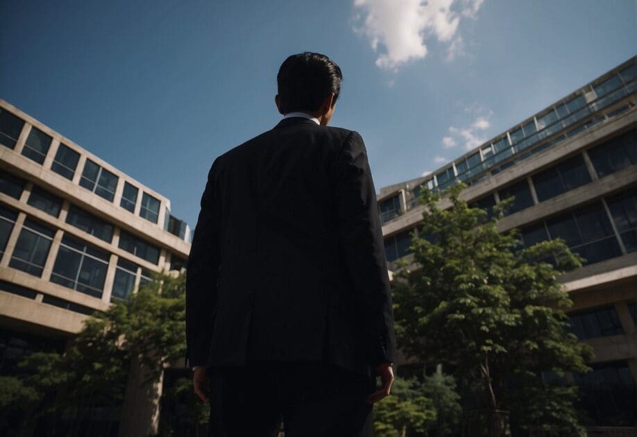 A dark shadow looms over a crumbling corporate building, with ominous cyber threats lurking in the background