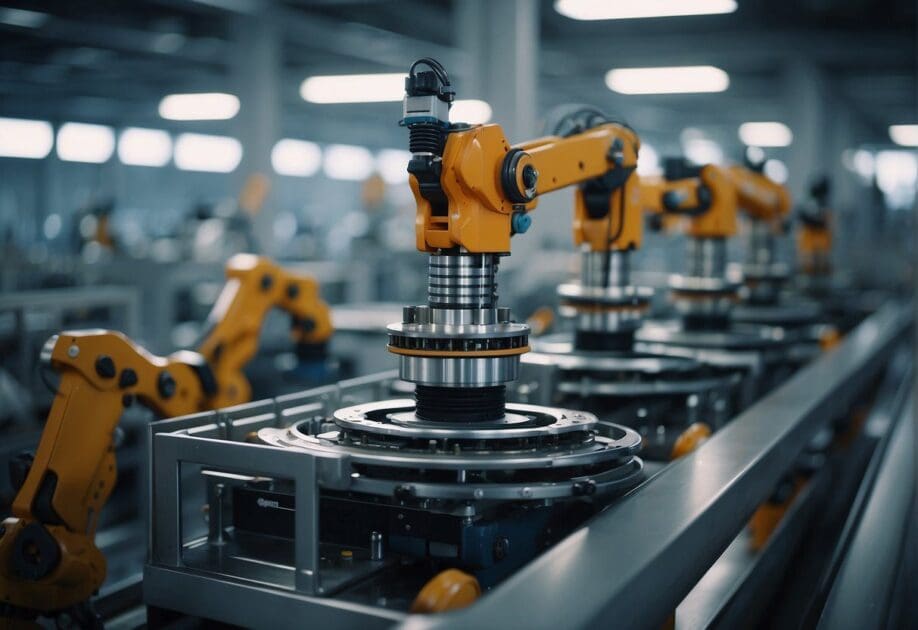 A futuristic factory floor with automated machines and robotic arms working seamlessly together, showcasing the integration of automation and robotics in the Industry 4.0 revolution