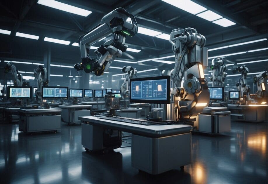 A futuristic factory floor with automated machines and robotic arms working seamlessly alongside each other, surrounded by digital screens displaying real-time data and analytics