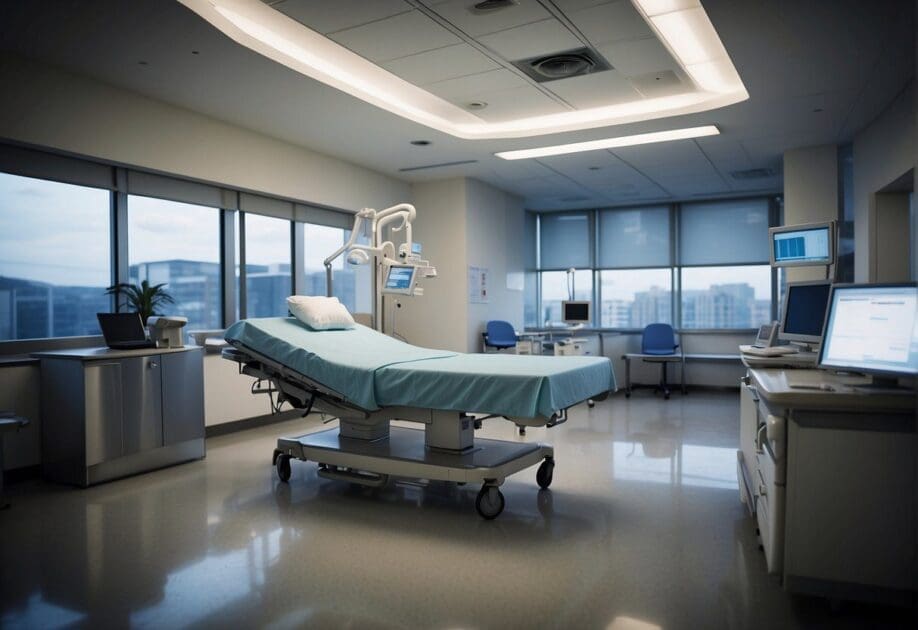 A bustling hospital lobby with digital check-in kiosks, telemedicine stations, and staff wearing smart health devices, showcasing the rapid integration of technology in healthcare amidst the COVID-19 pandemic