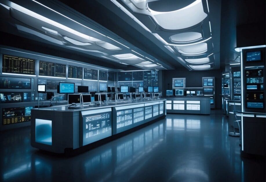 A futuristic laboratory with advanced technology and genetic sequencing equipment, illuminated by bright digital screens and filled with a sense of innovation and progress