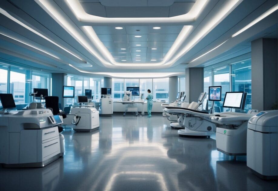 A futuristic medical facility with advanced technology and digital systems, surrounded by healthcare professionals and patients