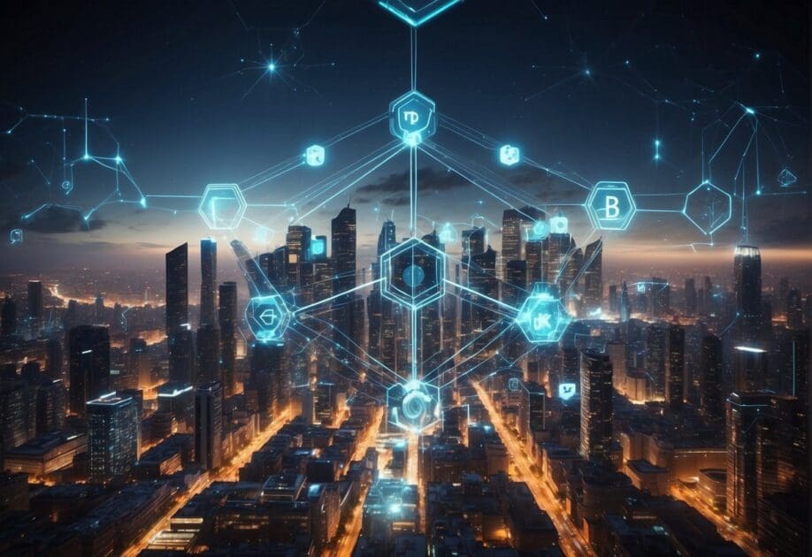 A futuristic city skyline with interconnected digital networks and blockchain symbols hovering above, representing the transformative power of blockchain technology