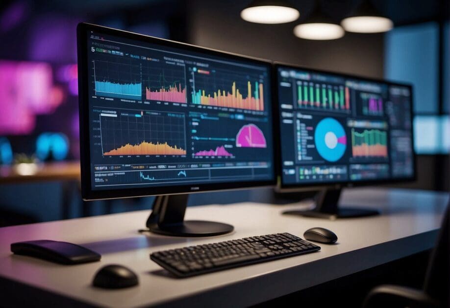 A computer screen displays colorful data visualizations, surrounded by various analytical tools and charts. The room is filled with a sense of innovation and strategic thinking