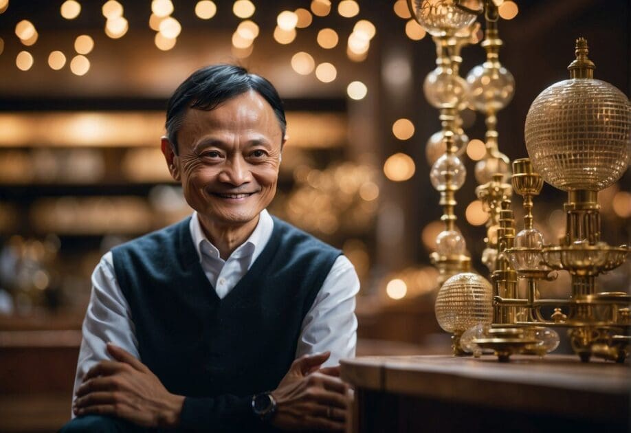 Jack Ma's innovative mind: social responsibility and philanthropy. A dynamic scene of Ma's ideas coming to life through innovative technology and community support