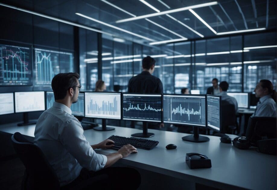 A bustling office with employees analyzing data on computer screens, while large servers hum in the background. Charts and graphs cover the walls, showcasing the power of big data in innovative companies