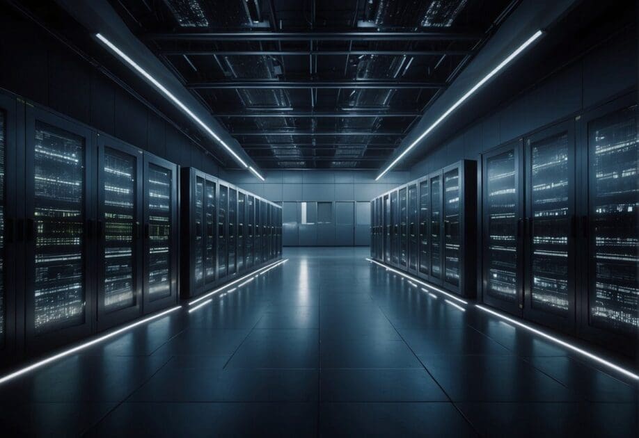 A secure data center with servers and cables, surrounded by challenges and innovation symbols