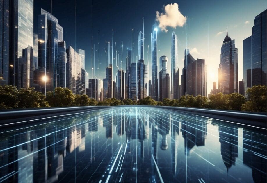 A futuristic cityscape with data streams flowing between skyscrapers, symbolizing the power and innovation of big data in the world's leading companies