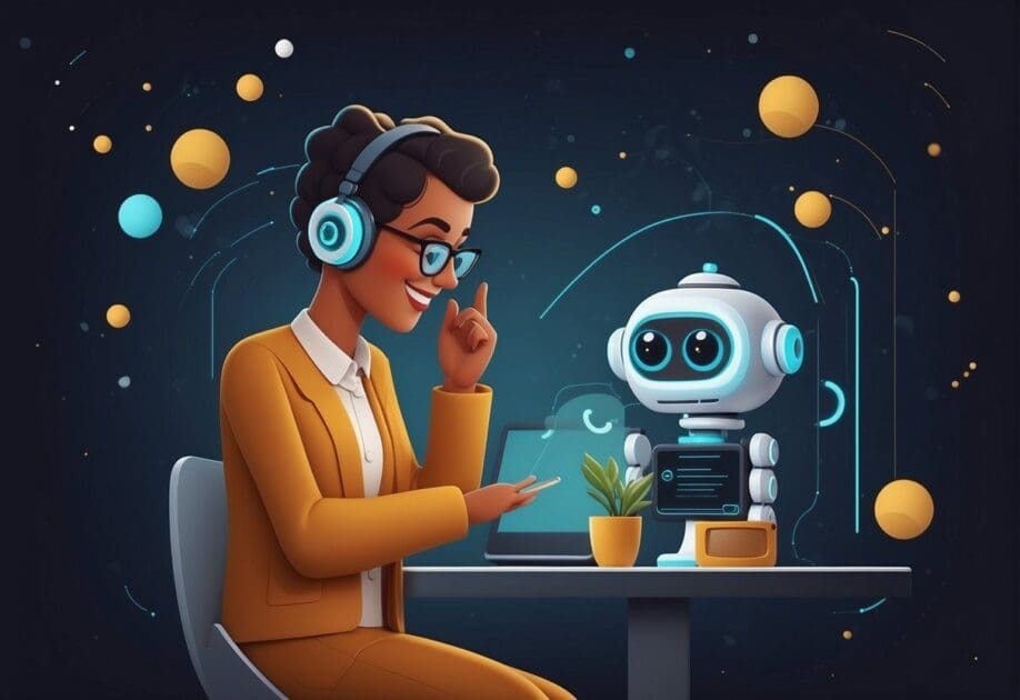 A customer service chatbot assists a happy customer. AI technology enhances the customer experience