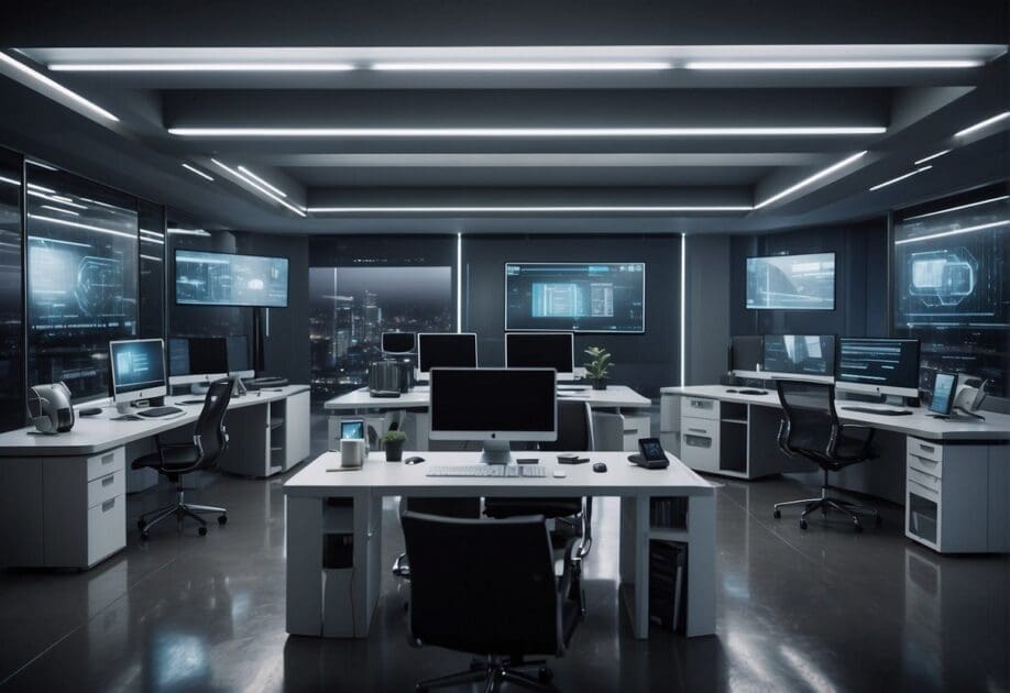 A futuristic office with AI-powered devices and screens. The room is filled with cutting-edge technology and a sense of innovation