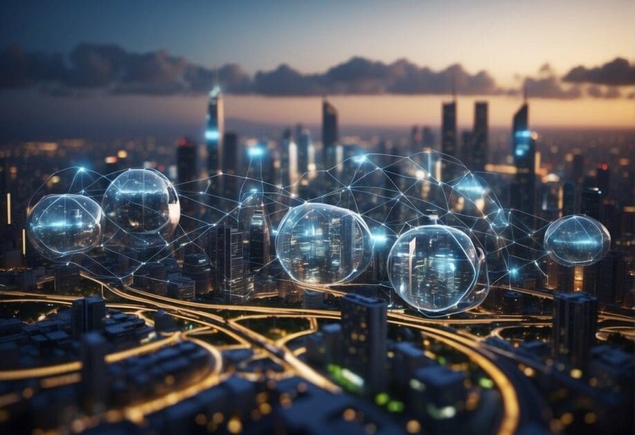 A futuristic city skyline with interconnected digital networks and AI-powered machines working seamlessly. The integration of technology and artificial intelligence is evident in every aspect of the bustling metropolis