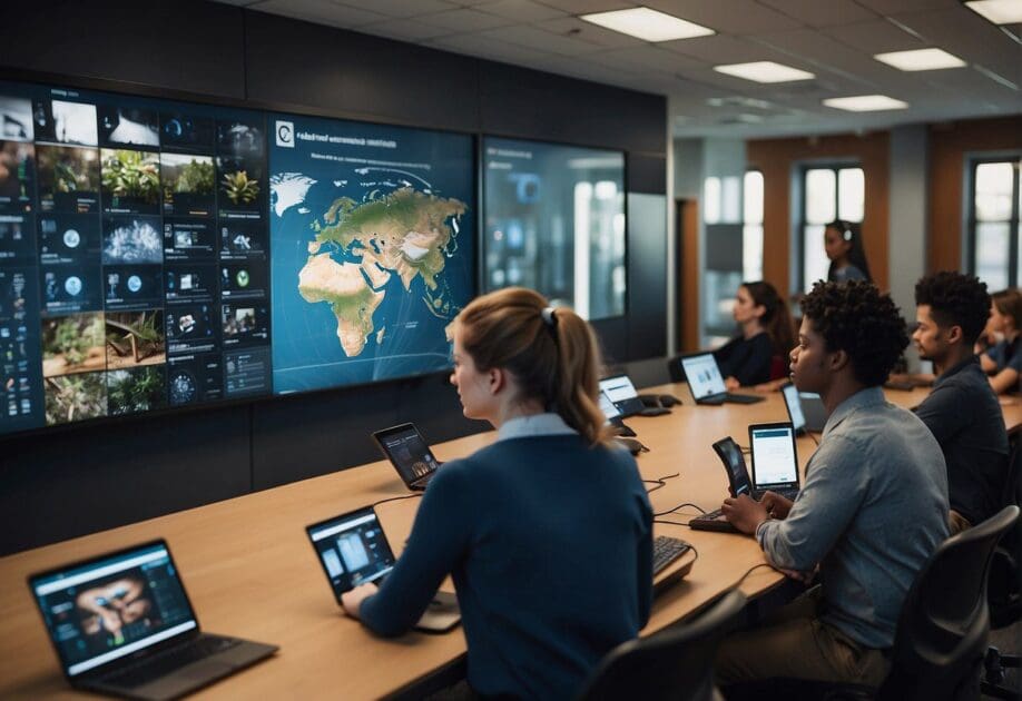 A classroom filled with AI-powered educational tools and devices. Interactive screens display engaging content. Students eagerly participate in hands-on activities