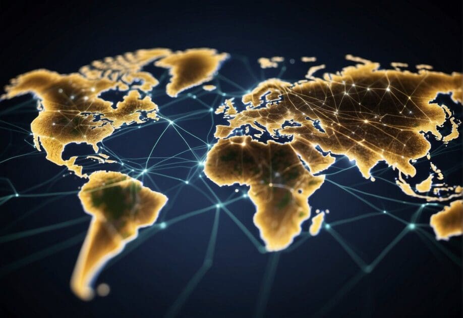 A world map with interconnected lines representing global expansion and competition