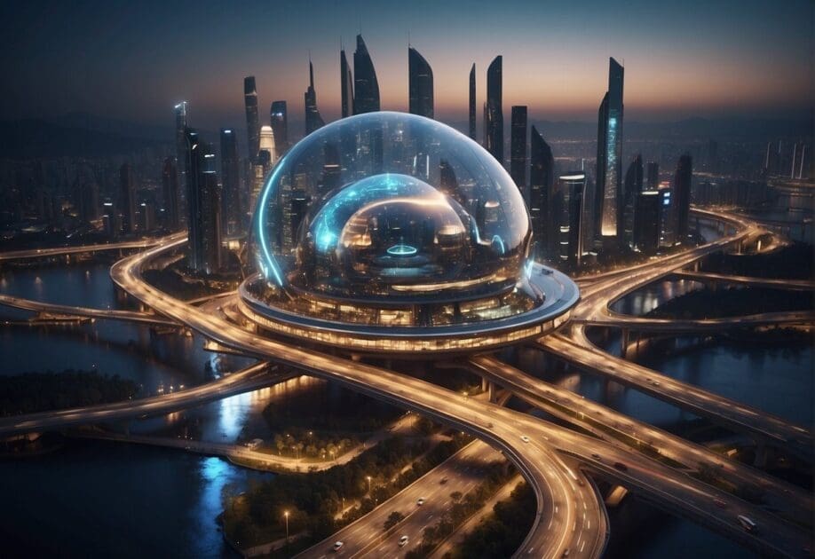 A futuristic cityscape with AI-powered vehicles and buildings, showcasing the impact and success of artificial intelligence in revolutionizing the future