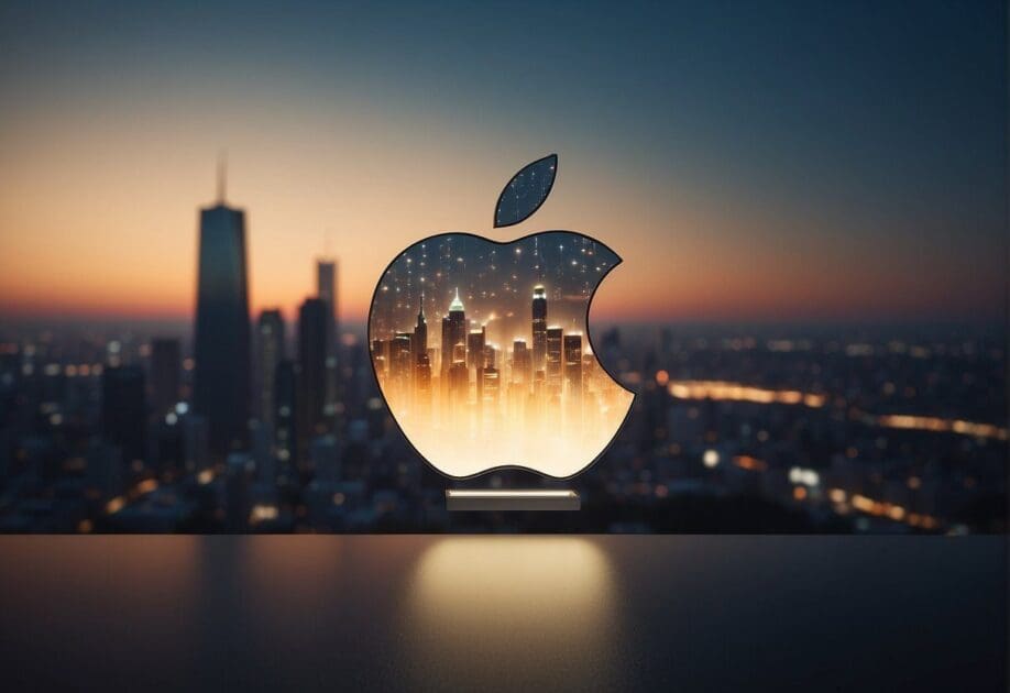 A glowing Apple ReALM logo hovers above a futuristic cityscape, emitting a soft, ethereal light