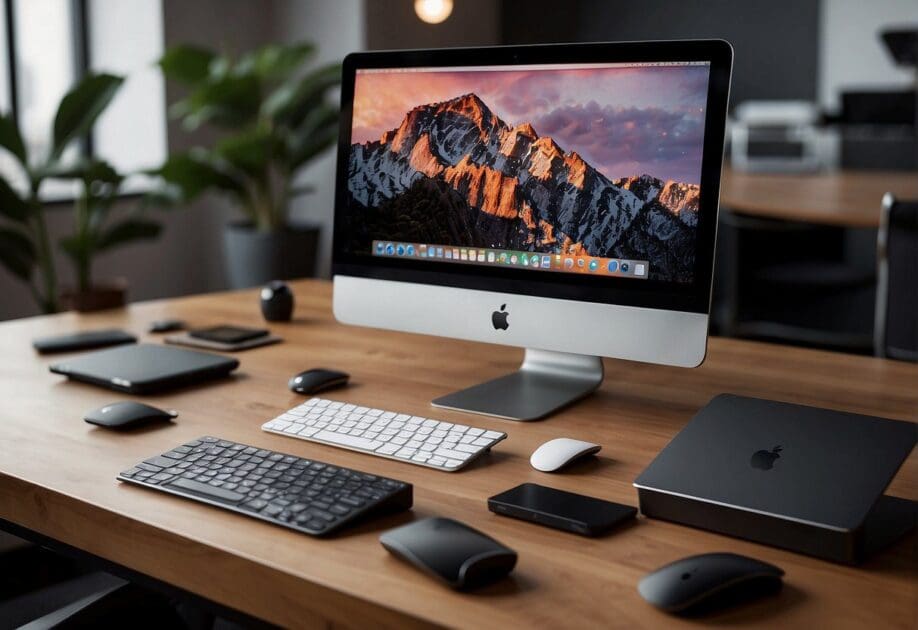 An Apple ReALM device sits on a desk, surrounded by various compatible hardware and devices. The sleek, modern design of the technology is evident, and the scene exudes a sense of cutting-edge innovation