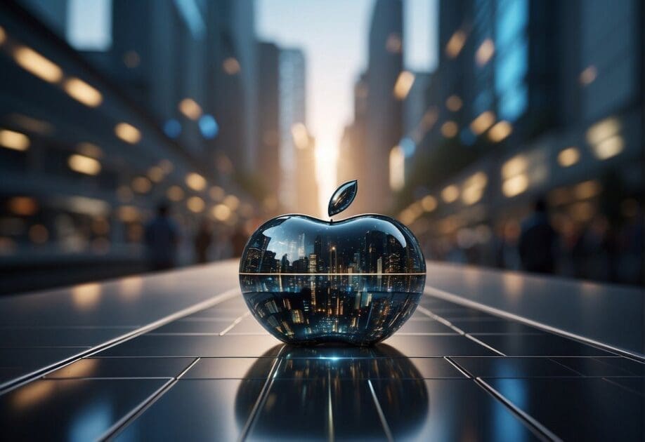 An illustration of Apple's ReALM AI system, showcasing its interoperability and competition in a futuristic setting