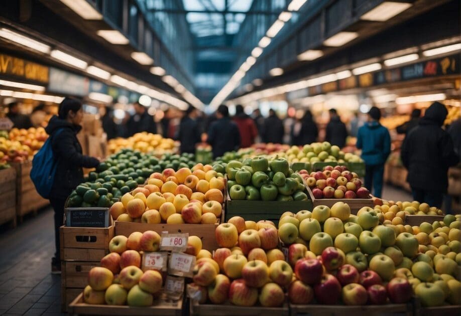 A bustling market with Apple ReALM AI dominating the competition. Vibrant colors and dynamic energy convey the impact and innovation of the product