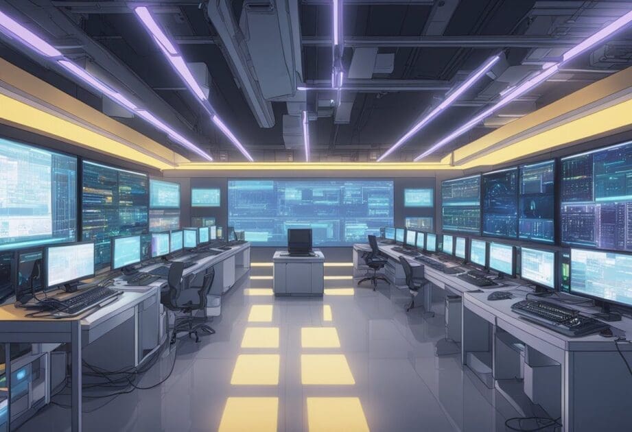 An AI system processes data and generates a video. Bright screens, cables, and a computer server are visible in a tech-filled room