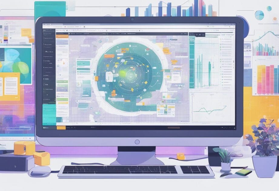 A computer screen displaying AI video creation process with technical and qualitative aspects highlighted. Data charts and visual representations are present