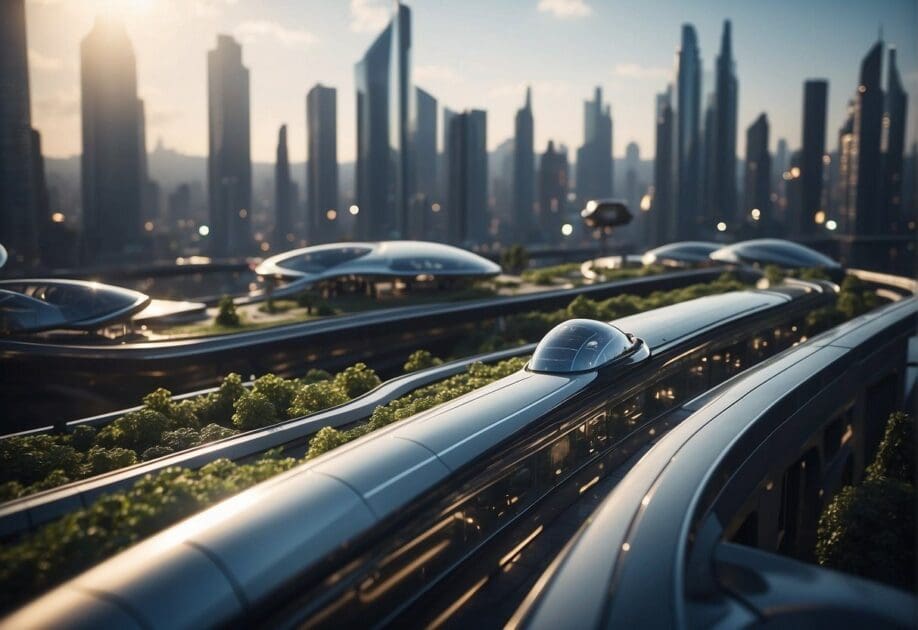 A futuristic city skyline with sleek, advanced buildings and vehicles. High-tech gadgets and renewable energy sources are seamlessly integrated into the urban landscape, showcasing the impact of technology on society