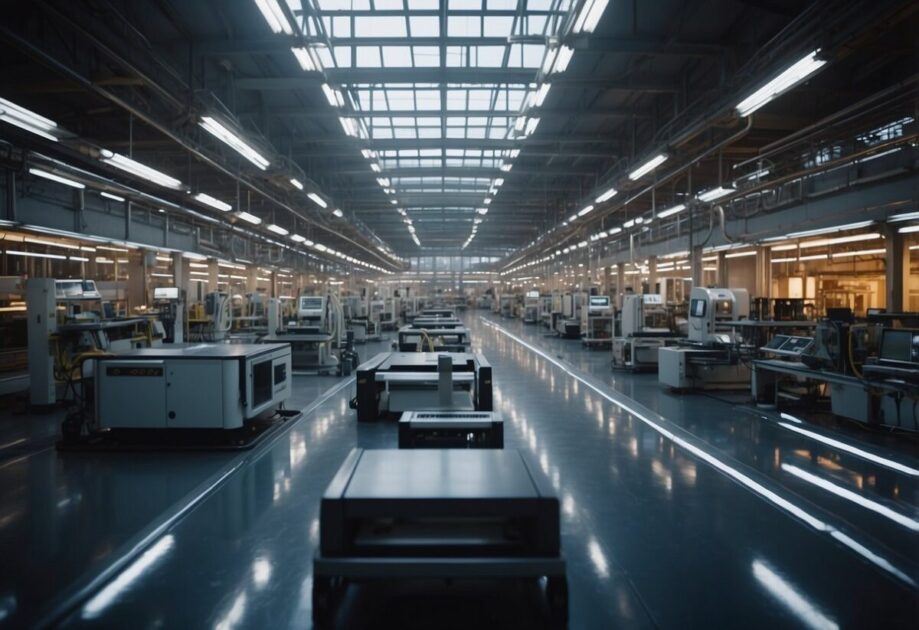 A futuristic factory floor with robotic arms and conveyor belts, surrounded by high-tech machinery and computer screens