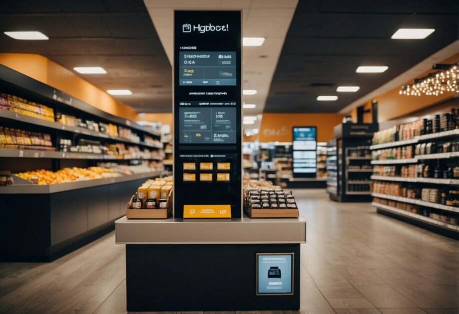 A retail store with AI tools: automated checkout, personalized recommendations, inventory management, demand forecasting, customer service chatbots, and visual search technology