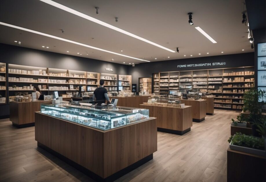 A retail store with AI tools displayed on shelves, including chatbots and data analytics software. Customers browsing and employees discussing the products