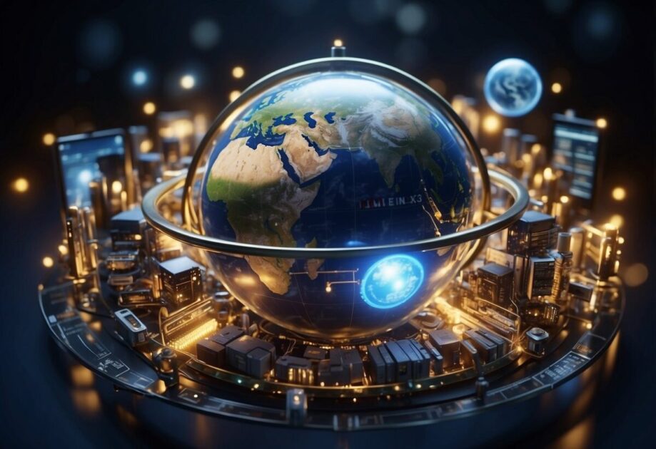 A globe surrounded by technological devices, emitting light and connecting with various parts of the world