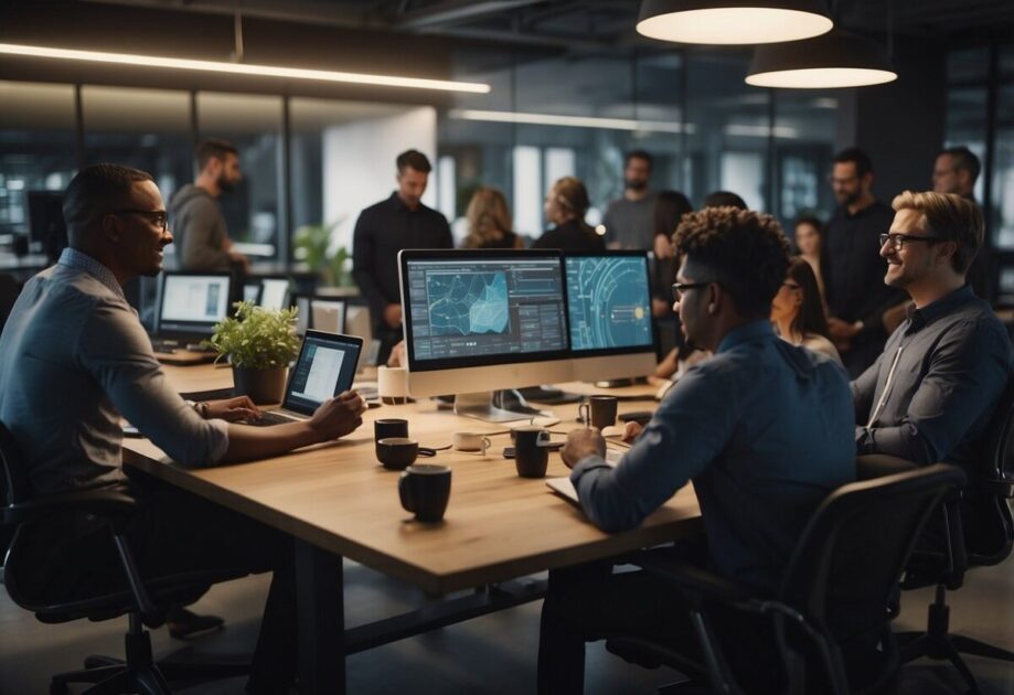 A group of diverse individuals collaborate in a modern, tech-savvy workspace, surrounded by digital tools and innovative technology