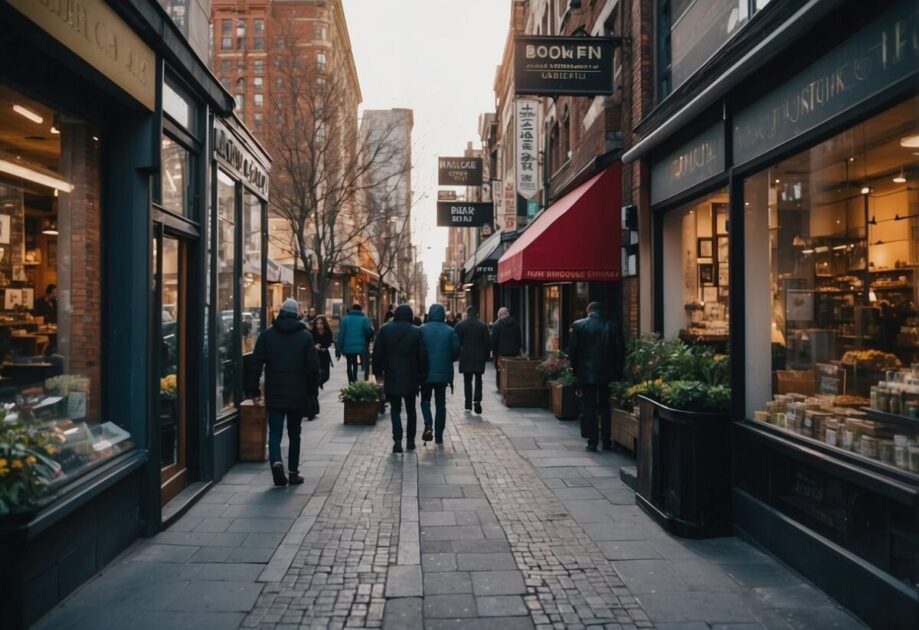 A bustling city street with traditional businesses overshadowed by innovative startups. Bright, modern storefronts contrast with older, fading signs. The energy of change is palpable