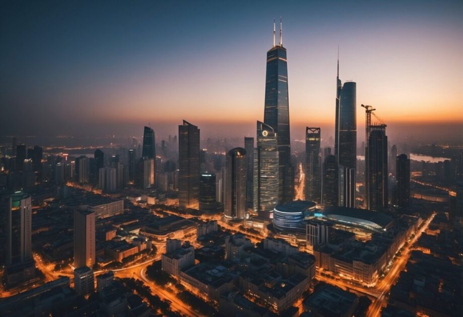 A bustling cityscape with traditional industries being overshadowed by innovative startups, symbolized by towering skyscrapers and modern technology disrupting the market