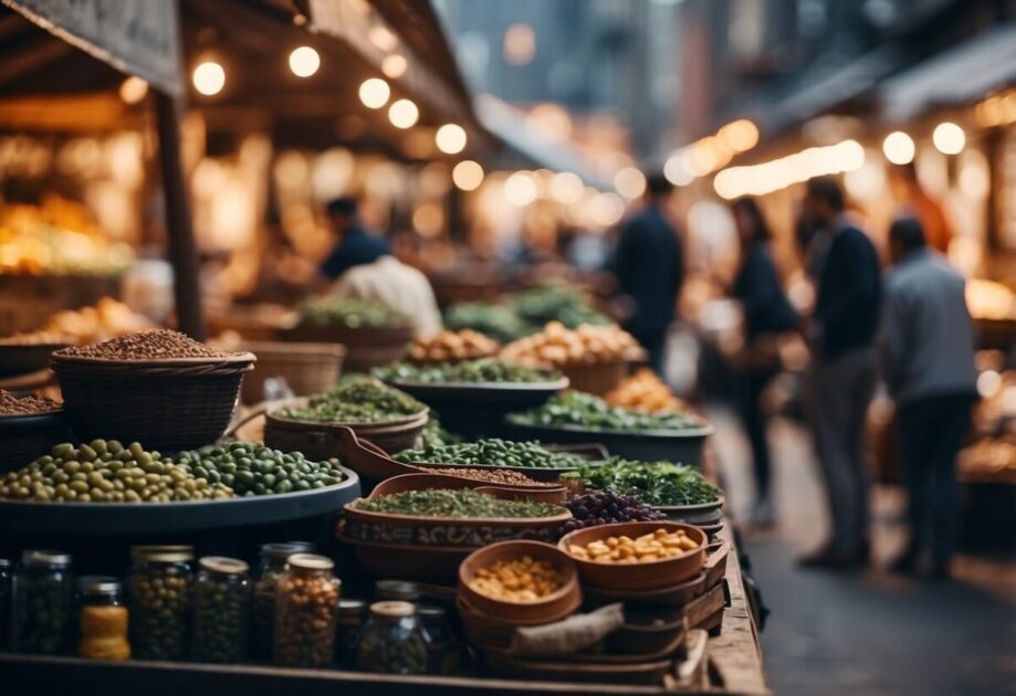 A bustling marketplace with traditional industries being overshadowed by innovative startups. Old and new collide in a dynamic and disruptive scene