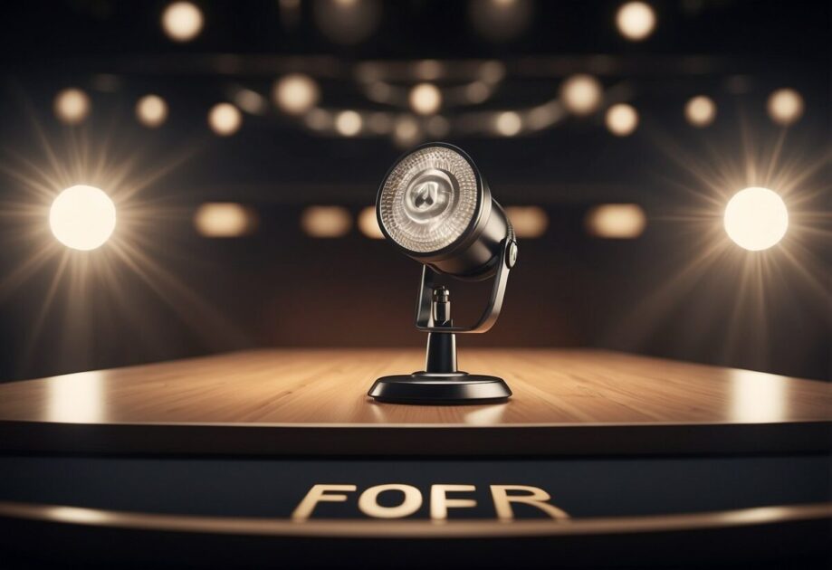 A spotlight illuminates the words "Frequently Asked Questions Posicionamento de Marca: O poder do Foco" on a sleek, modern podium