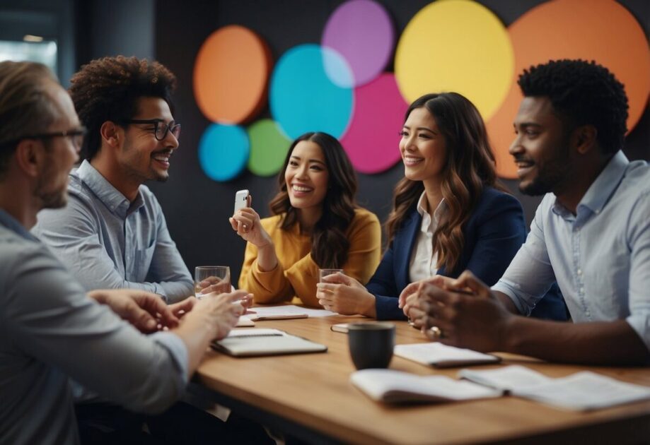 A group of diverse individuals engage in a lively discussion about innovation, surrounded by modern technology and colorful visual aids