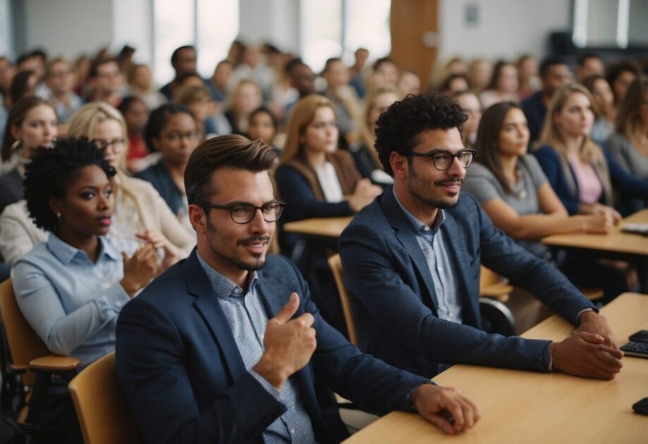 A classroom filled with eager students, listening intently to a dynamic speaker discussing innovation and learning. The speaker is engaging, using visual aids to captivate the audience