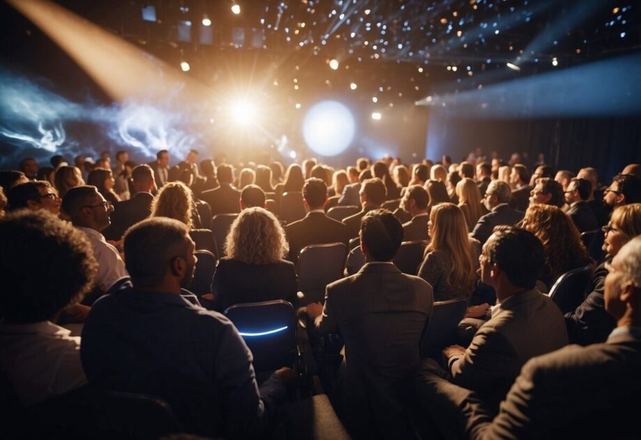 A group of diverse individuals eagerly listening to a dynamic speaker on a stage, surrounded by innovative visuals and engaging interactive elements