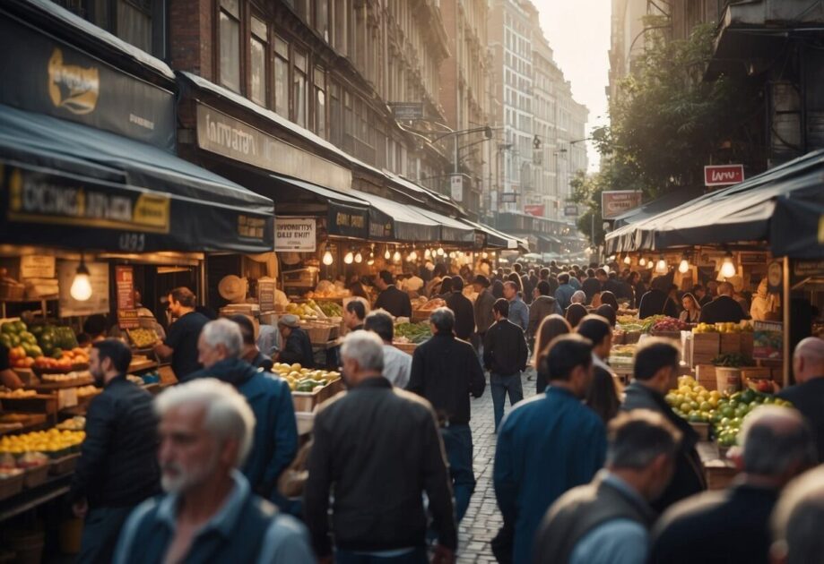 A bustling market with signs advertising "Innovation Demands" and "Top Innovation Speakers". Busy atmosphere with diverse vendors and eager customers