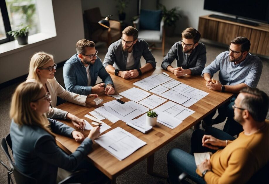 A group of people engaging in creative brainstorming, using design thinking methods to innovate. Notable speakers leading discussions on innovation