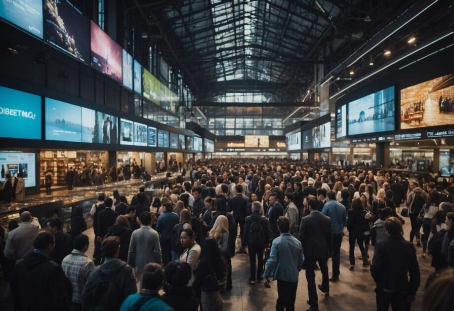 A crowded marketplace with people interacting with digital screens, while large corporations loom in the background, symbolizing the impact of social and cultural influence on consumer behavior