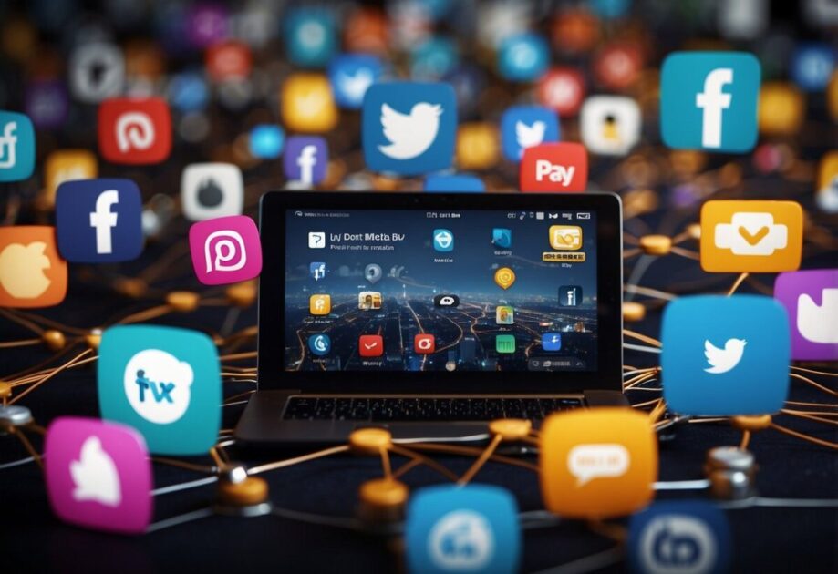 A web of interconnected devices with social media icons, symbolizing the concept of "If you don't pay for the product, you are the product."