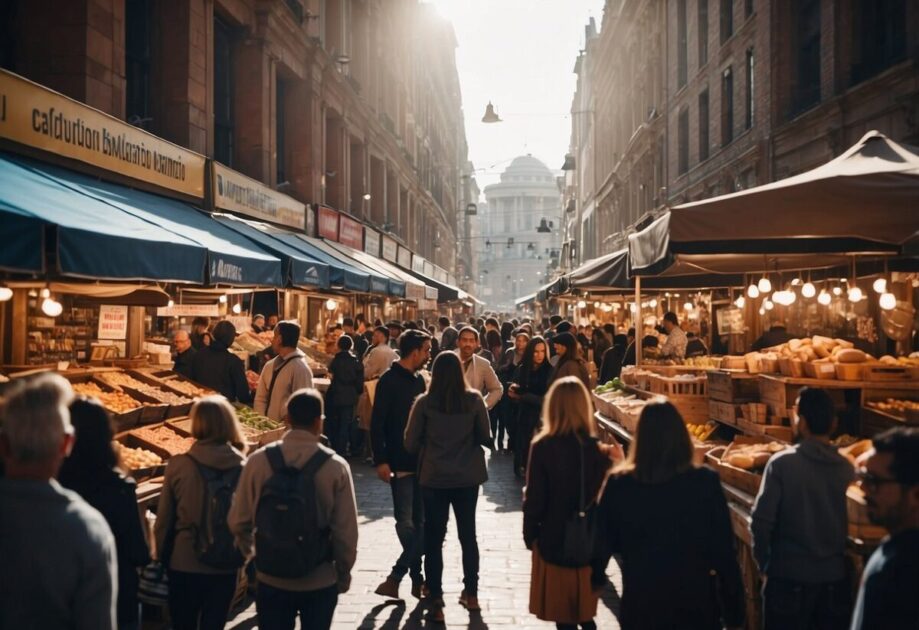 A crowded marketplace with various products on display, and people engaging with vendors. Signs and banners emphasize the concept of monetization and market strategies