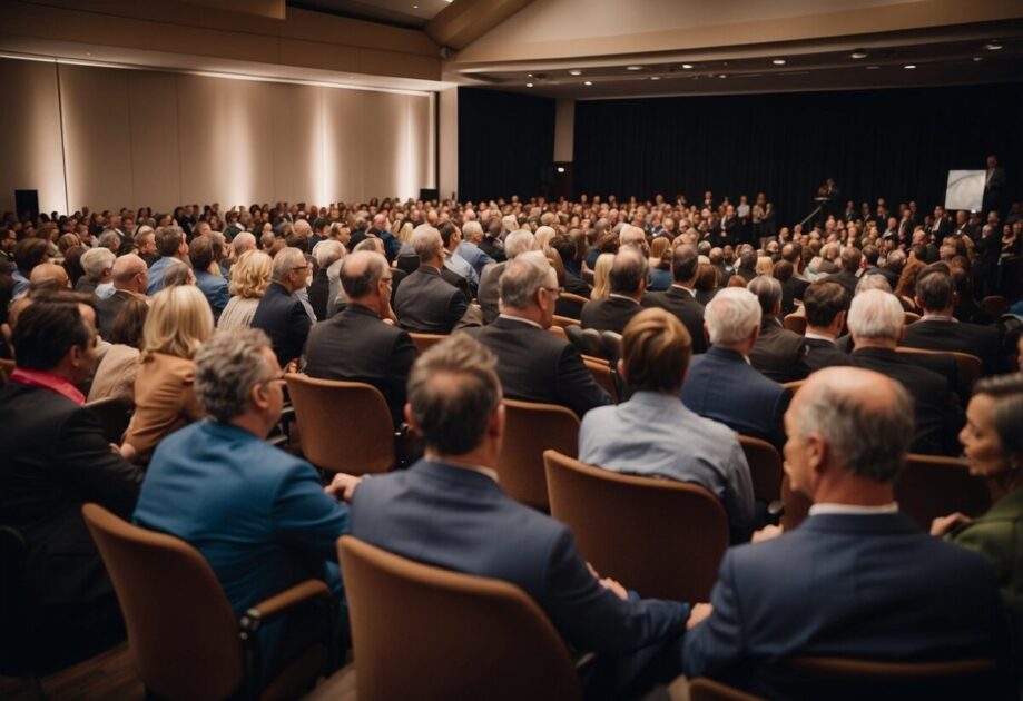 A group of renowned speakers on stage, with a large audience listening attentively in a conference hall