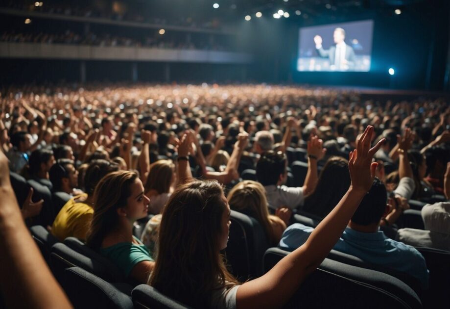 A crowded auditorium with stage and large screens. Audience members raising hands to ask questions. Brazil 2024