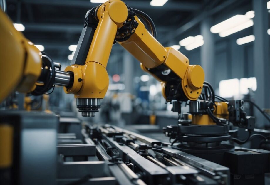 An industrial robot applies AI tools to a manufacturing process in a smart factory setting, surrounded by advanced machinery and technology