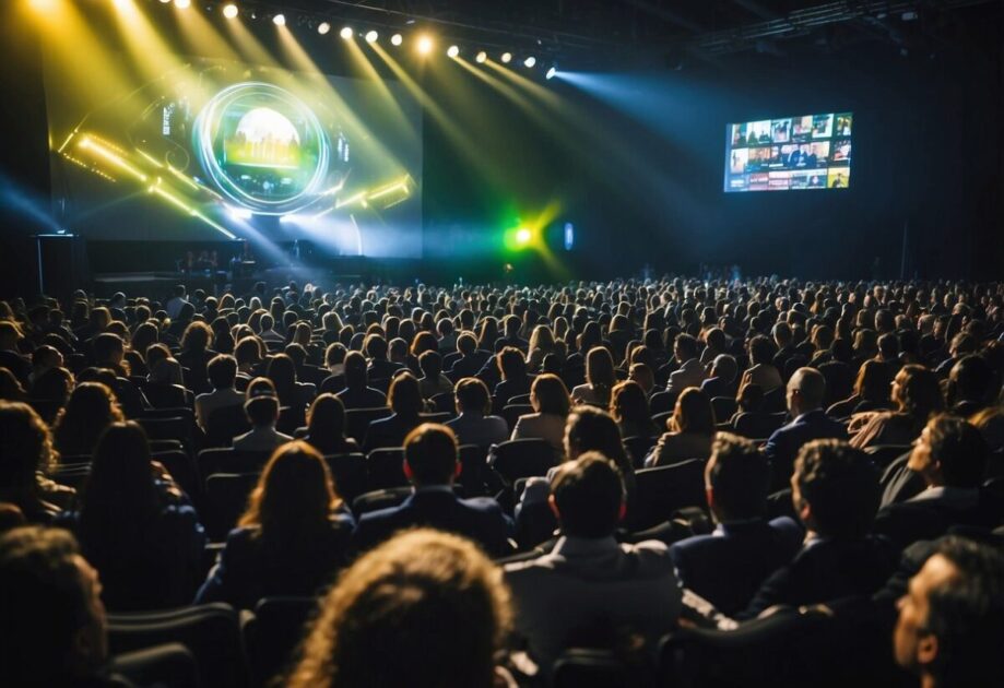 A stage with a podium and large screens displaying "Advanced Topics in Lectures: Brazil's Top Speakers 2024." Audience seats fill the room