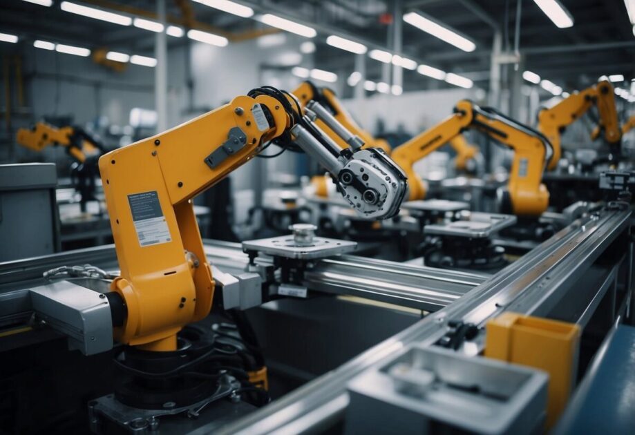 A factory floor with robotic arms assembling products while AI monitors and optimizes production processes. Conveyor belts transport materials between machines