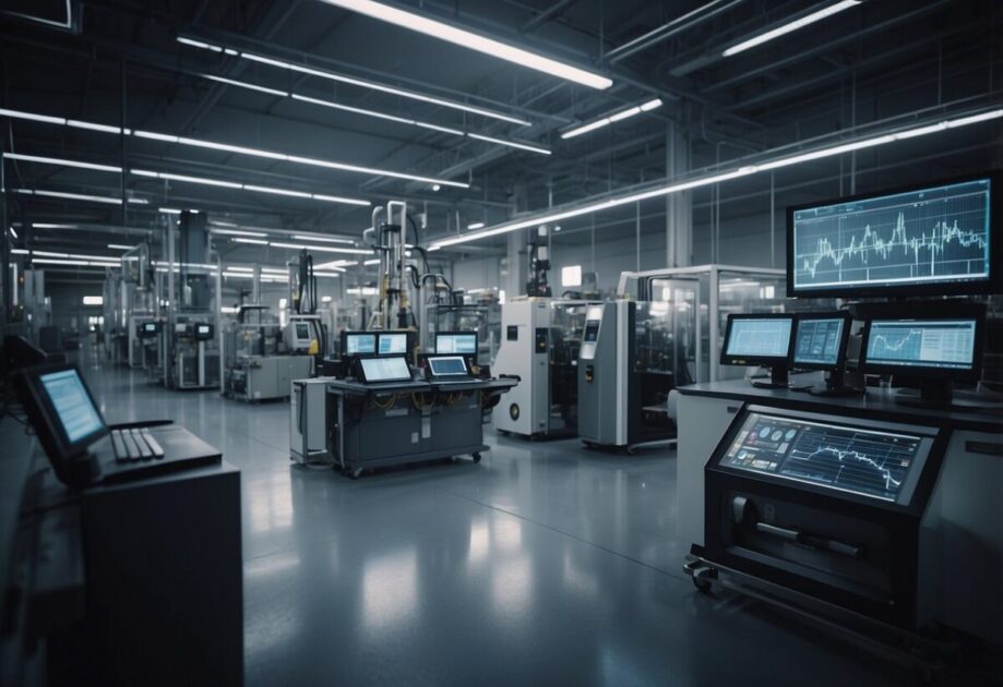 A factory floor with advanced machinery connected to AI tools for predictive maintenance in Industry 4.0. Data streams and analysis displayed on screens